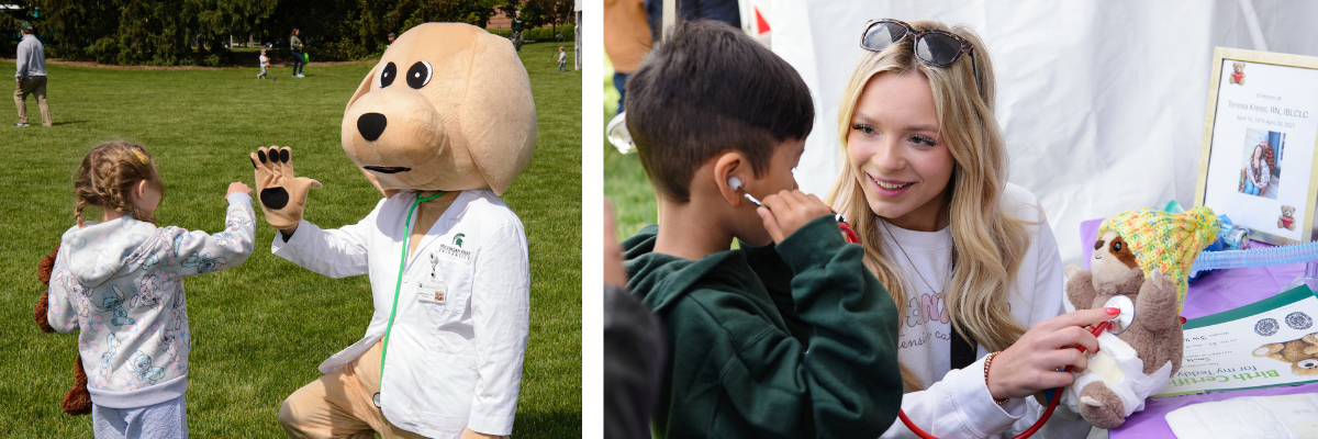 Two pictures side by side from the Teddy Bear Health Fair. On the left is a child high fiving a dog mascot and on the right is a child learning to use a stethoscope.